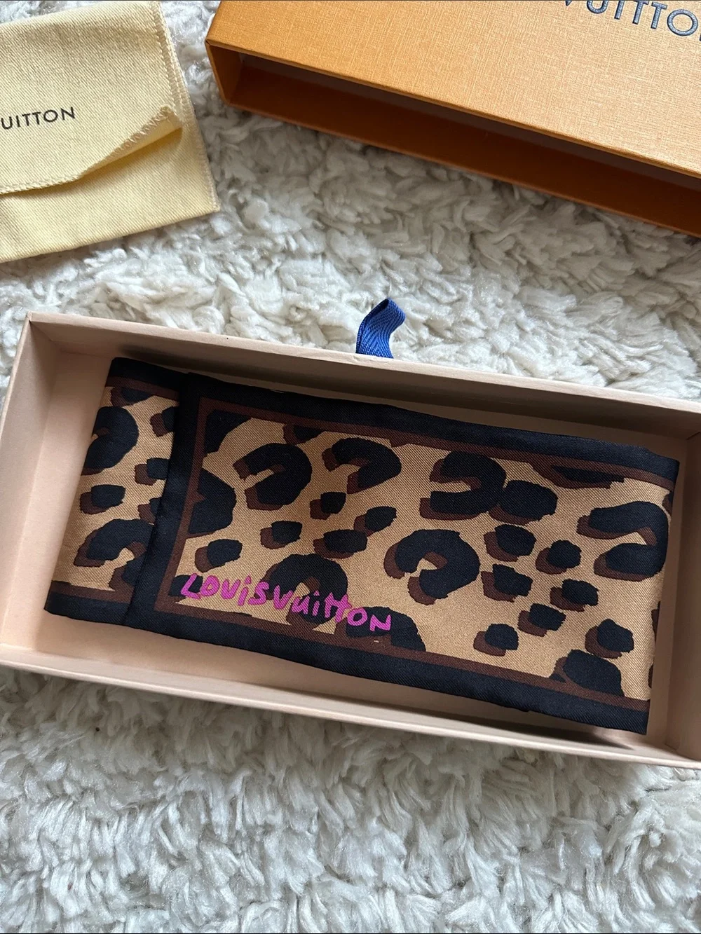 Louis Vuitton Leopard Silk Scarf in Brown and Black with Pink Logo